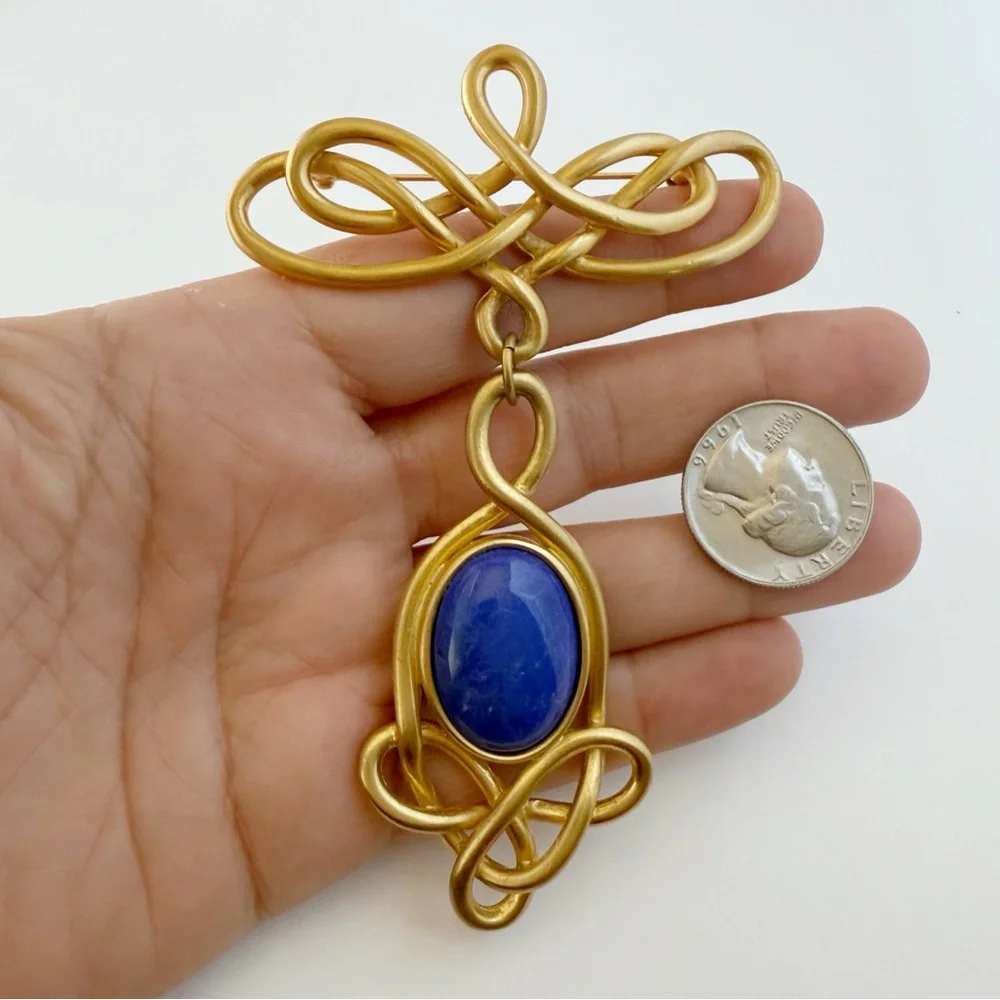 Vtg Large Matte Goldtone Art Nouveau Revival Scroll Blue Stone Dangle Brooch